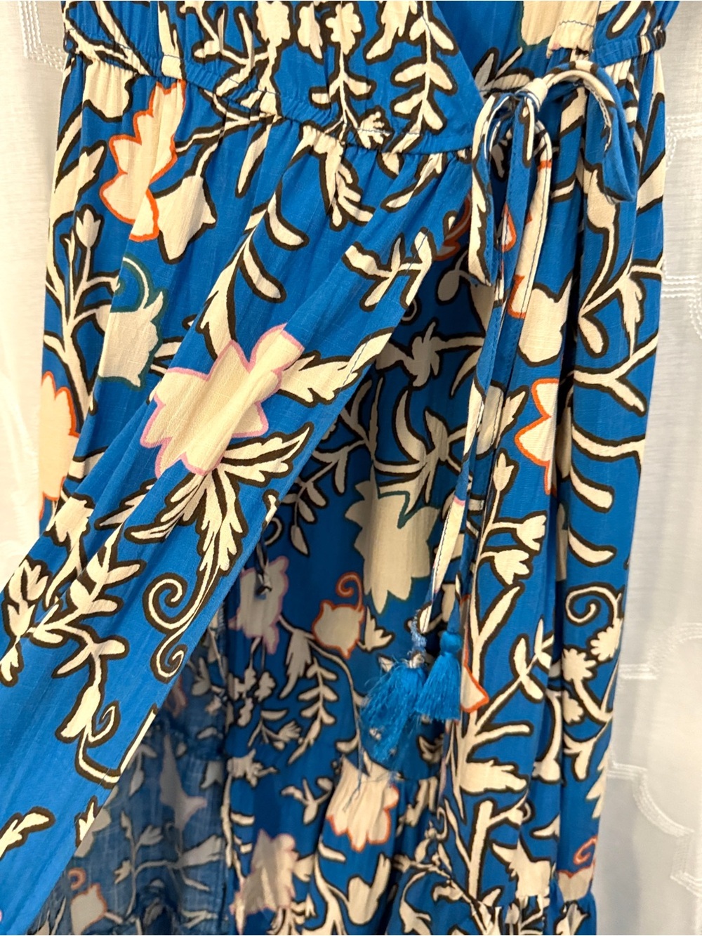 Knox Rose Blue Floral Wrap Dress Boho Ruffle Tie Waist Midi Dress Size Medium - Picture 11 of 16